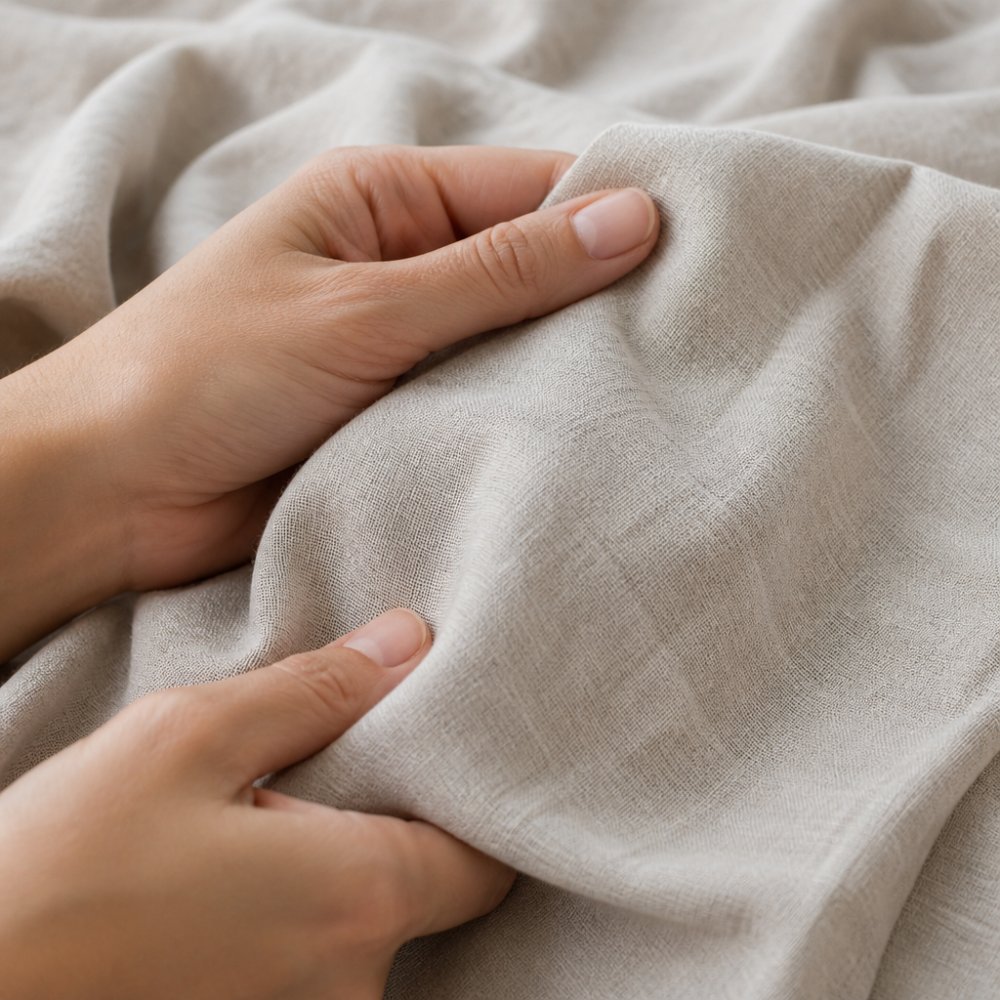 Close-up of hands gently feeling premium European linen fabric against a neutral background, showing the texture and weave density of high-quality linen bedding