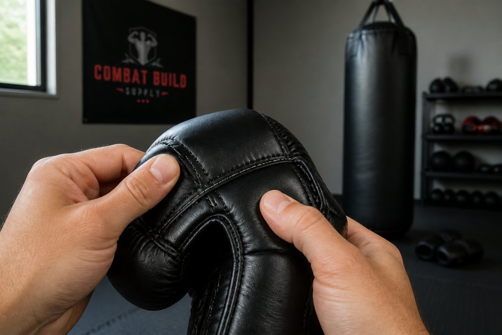 Hands inspecting reinforced double-stitched seams on durable martial arts gear in a home gym.