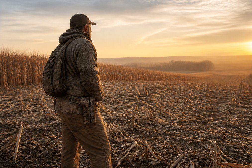 A hunter in layered outdoor apparel standing at the edge of a harvested cornfield at dawn, wearing a worn fleece hoodie and canvas pants, gear functional and clearly field-used, soft golden early-morning light across the landscape