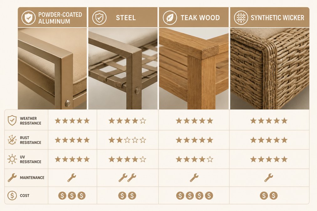 Close-up of different outdoor furniture frame materials arranged side by side, powder-coated aluminum, steel, teak wood, and synthetic wicker, showing texture, finish quality, and construction details under natural daylight