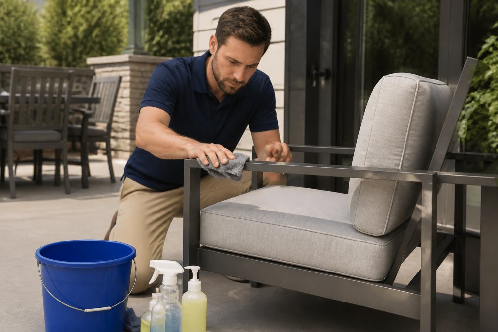 Homeowner cleaning and maintaining outdoor furniture on a residential patio, wiping down cushions and aluminum frame with a soft cloth, with cleaning supplies and bucket visible nearby on the ground