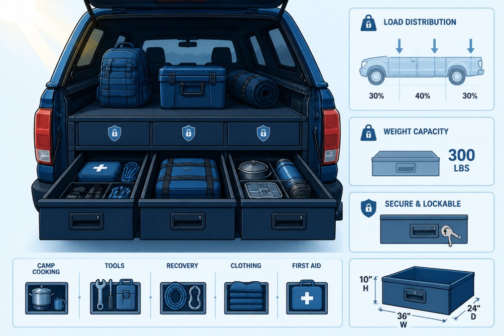 Interior truck bed with modular drawer storage system fully organized, showing lockable compartments with camping gear neatly arranged during trip preparation, natural sunlight illuminating the cargo area