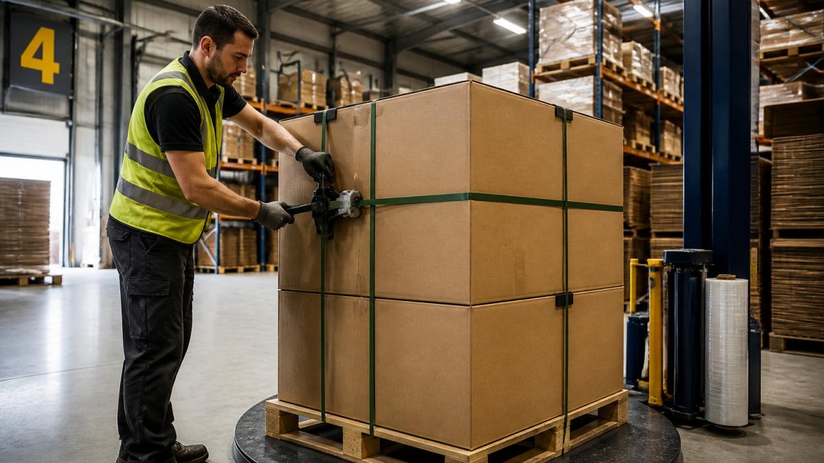 Warehouse worker securing durable packaging heavy items on a pallet with industrial strapping equipment