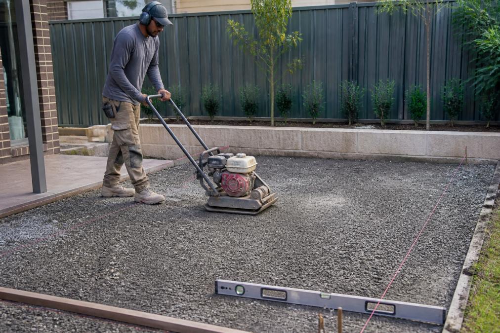 Landscaper compacting a crushed aggregate sub-base to ensure durable paving for a residential backyard project.
