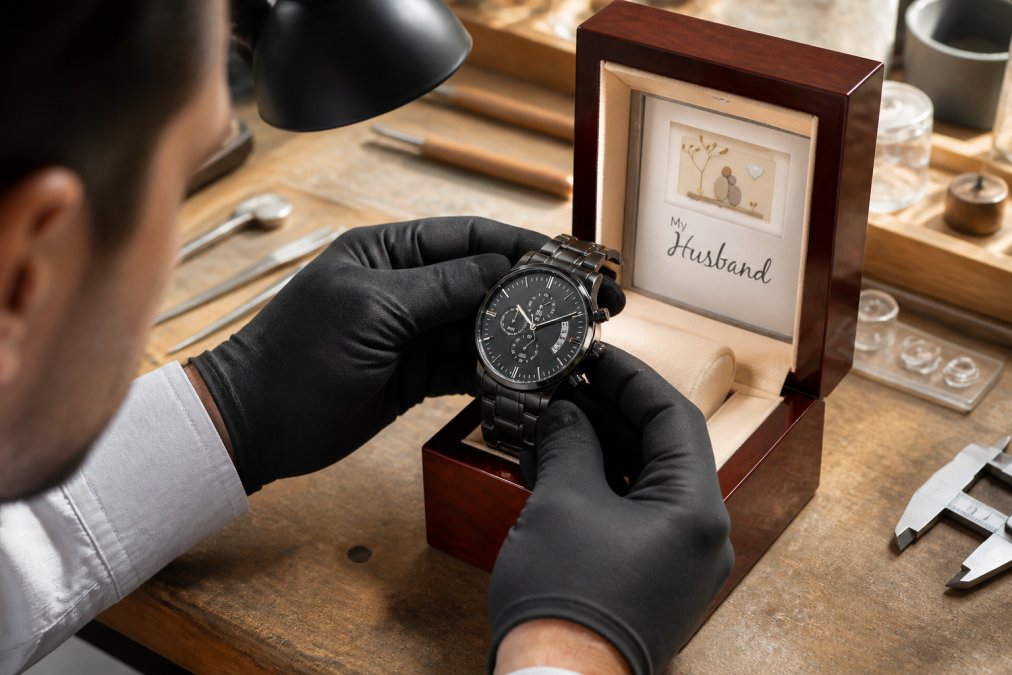 Close-up of jeweler's hands examining personalized necklace details, checking hallmarking and engraving quality under bright natural light from a workbench lamp