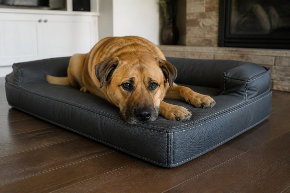 Large dog resting on a heavy-duty, reinforced fabric bed among durable pet beds in a sunny living room.