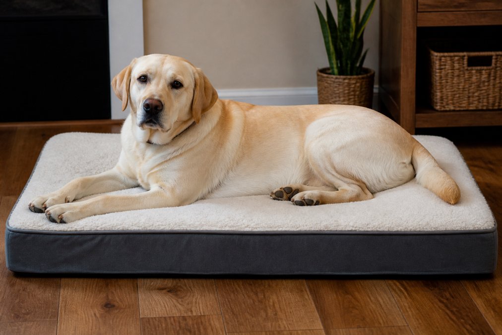 Large dog resting comfortably on orthopedic pet bed, showing proper fit with dog's body fully supported and aligned on the memory foam mattress surface
