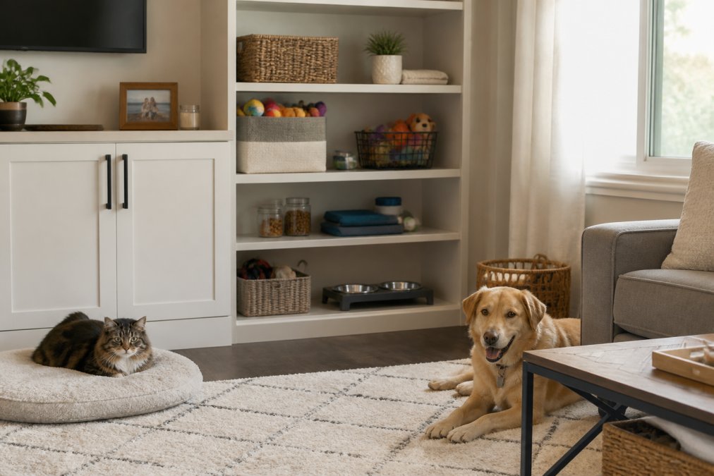 Infographic showing pet-friendly storage ideas for organizing pet toys and supplies in living room spaces