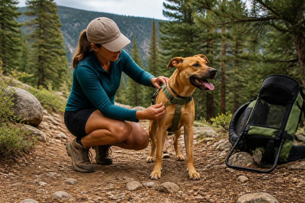 A hiker crouching on a rocky trail, tugging the chest strap of a padded no-pull harness on a medium-sized dog, with a backpack carrier resting nearby and pine trees in the background