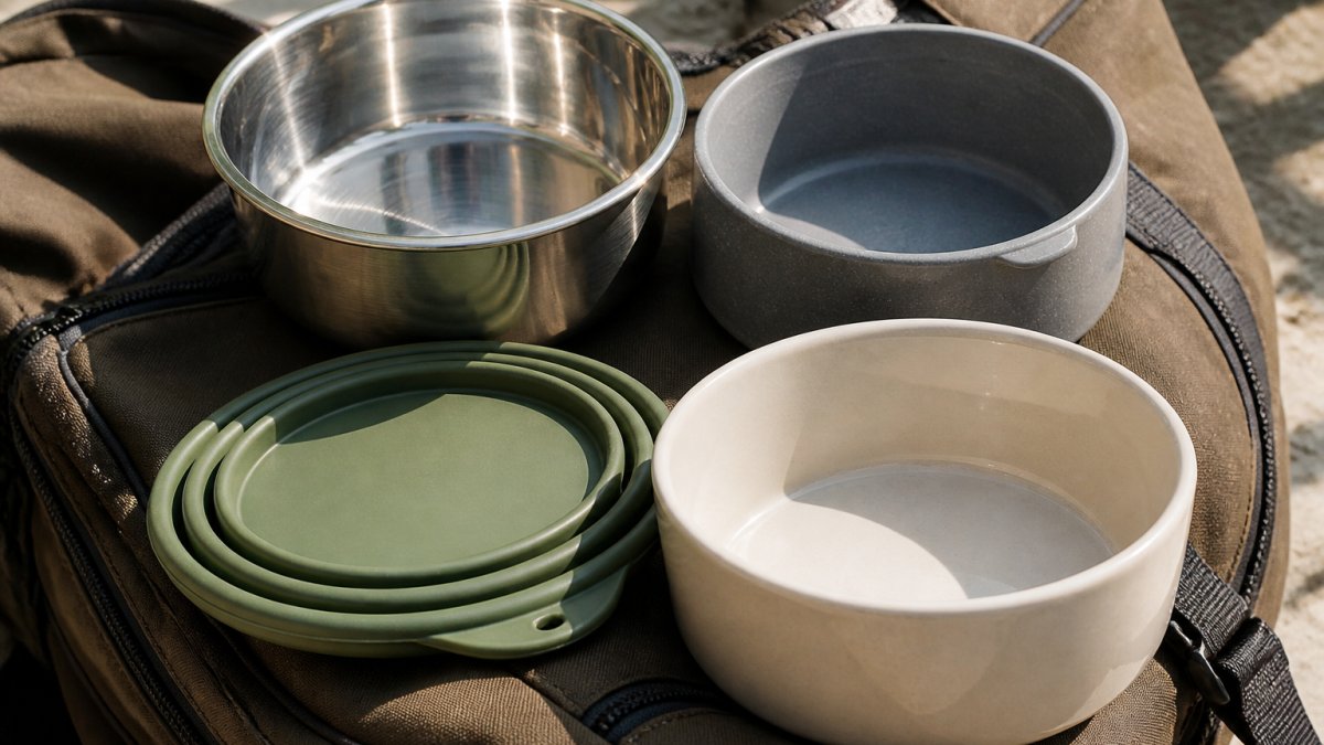 Close-up of four different pet bowl materials arranged on a travel bag, stainless steel gleaming under natural light, plastic showing texture, silicone folded flat, and ceramic with a glossy finish