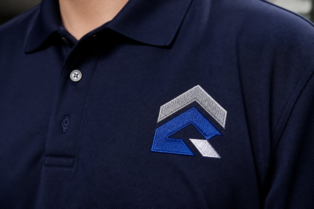 Close-up of a professional embroidered logo on the left chest of a navy blue polo shirt, showing crisp, tight stitching and dimensional thread detail under bright, even lighting