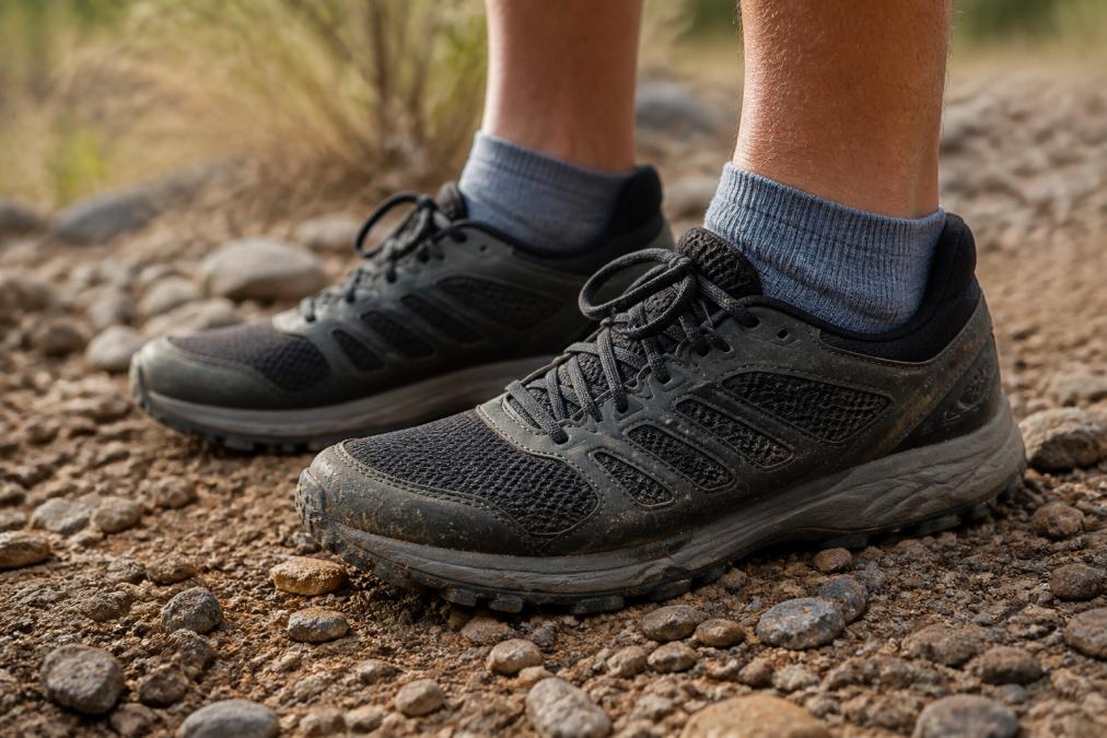 Diagram showing how durable running socks with debris-blocking cuffs protect feet on rocky trails