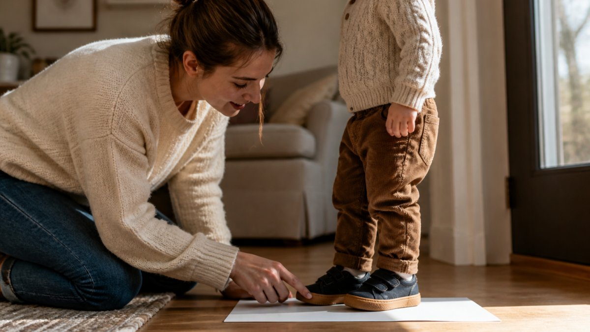 Parent kneeling on the floor checking the toe room of a toddler's sneaker while the child stands on paper