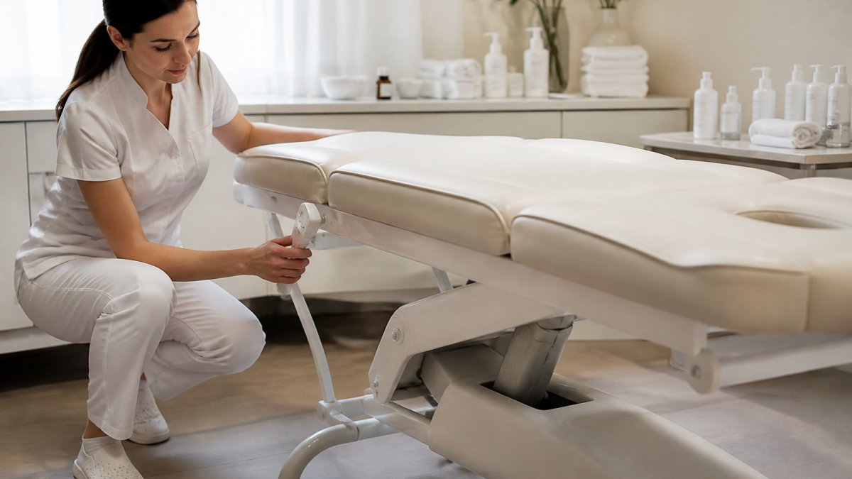 A close-up of a professional esthetician adjusting the height controls on an electric treatment bed in a clean, well-lit treatment room, with folded towels and skincare products visible on a nearby counter