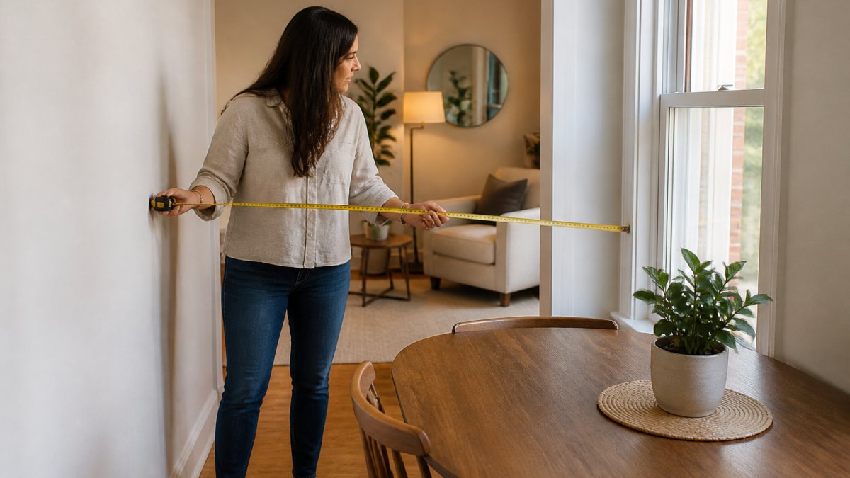 Person using a tape measure to check a compact area for a space saving dining table setup.