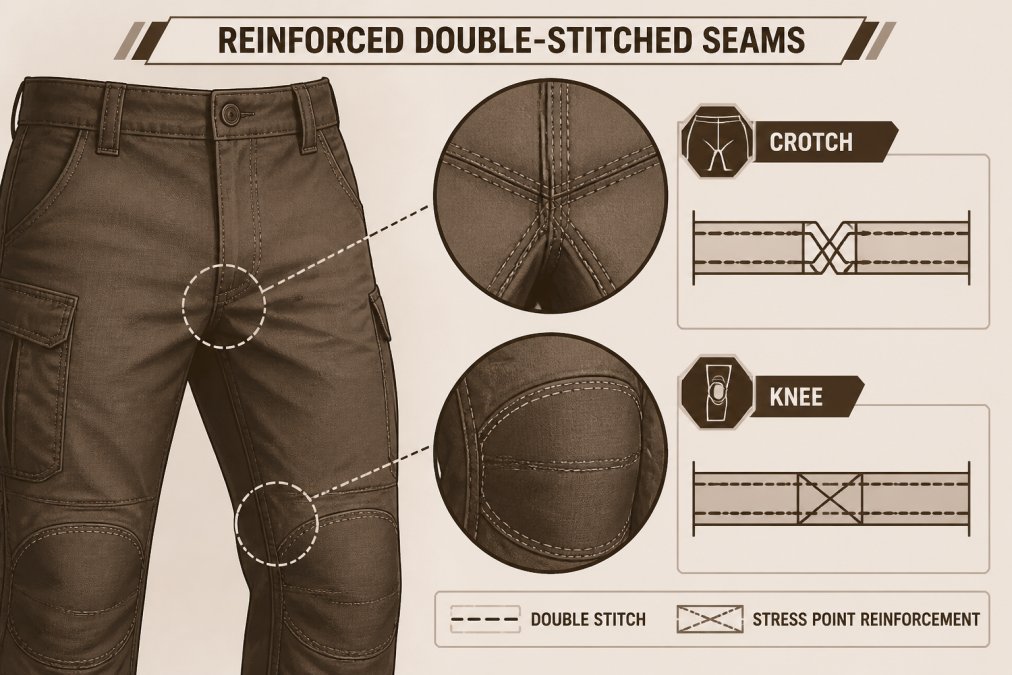 Close-up of reinforced double-stitched seams on tactical pants showing overlapping thread patterns and stress point reinforcement at the crotch and knee areas with natural lighting