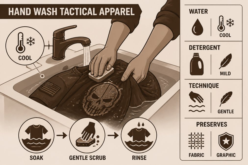 Person hand-washing tactical gear in a sink with cool water, showing gentle scrubbing technique with emphasis on preserving fabric integrity and graphic detail