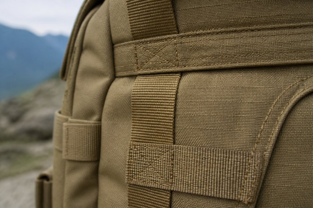 Close-up of ripstop fabric texture with visible reinforced stitching on tactical backpack, showing double-stitched seams and bar-tacking at stress points under natural light