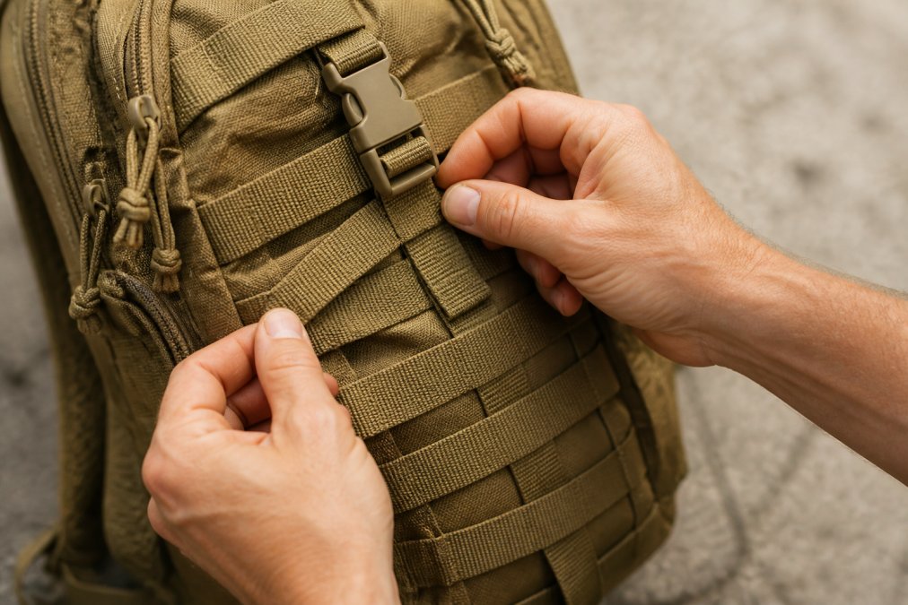 Hands adjusting MOLLE webbing and quick-release buckles on tactical backpack, demonstrating modular attachment system and polymer hardware in bright studio lighting