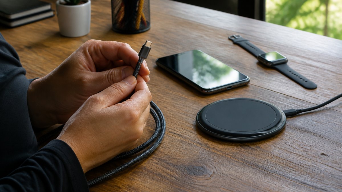 A person inspecting a braided charging cable and a wireless charger on a wooden desk, with a smartphone and smartwatch nearby, natural window light