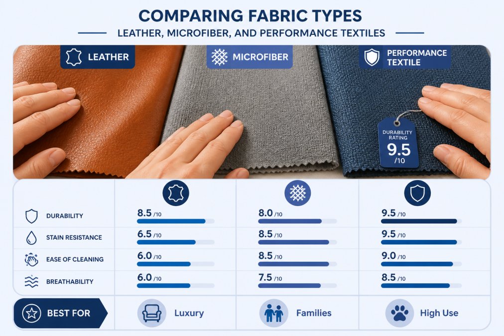Close-up of hands touching three different fabric swatches arranged on a table, rich cognac top-grain leather showing natural grain, soft gray microfiber with tight weave, and performance textile with visible durability rating tag, displayed in warm natural lighting