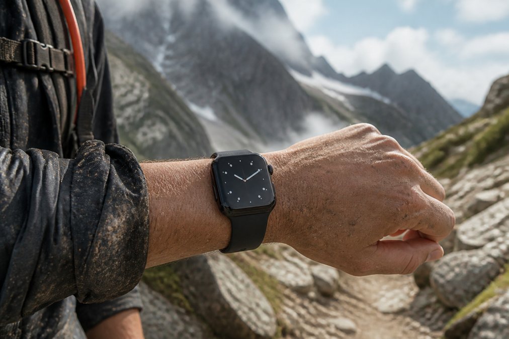Hiker wearing a rugged smartwatch on wrist while navigating rocky mountain terrain in bright daylight, with visible dust and challenging weather conditions in the background