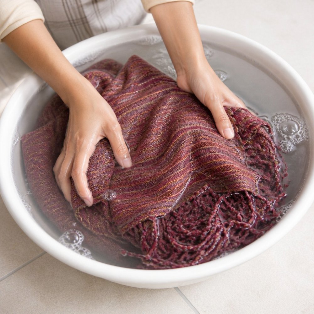 Hands gently submerging a wool throw in a basin of cool water with mild detergent, showing proper hand-washing technique with careful, slow movements