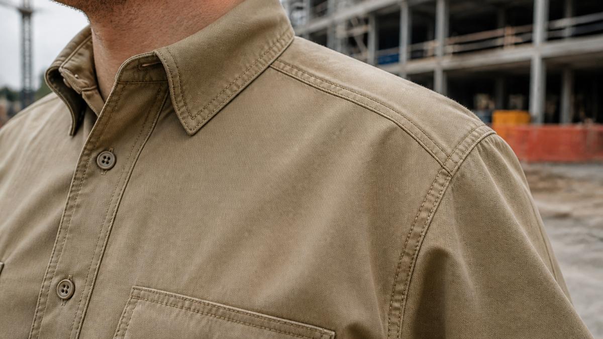 Close-up of field worker wearing a durable work shirt in outdoor setting, showing reinforced stitching at shoulder seams, collar construction, and button placement with natural daylight highlighting the seam detail