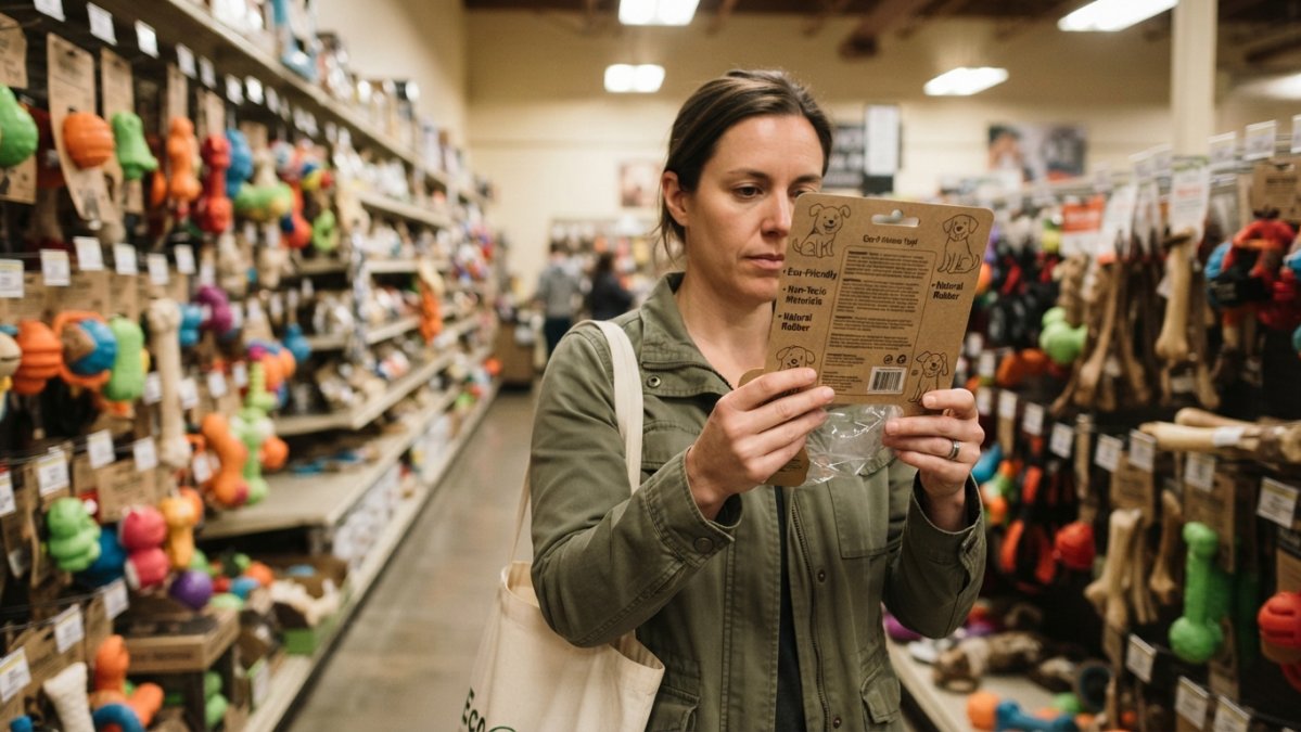 A person examining a dog toy label in a pet store aisle, holding the packaging close to read material information, with shelves of dog toys blurred in the background