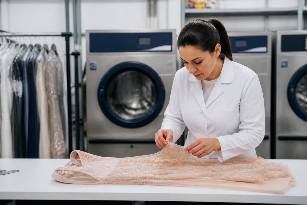 A garment care specialist in a bright, modern cleaning facility inspecting a delicate formal dress on a clean work table, with professional washers visible in the background