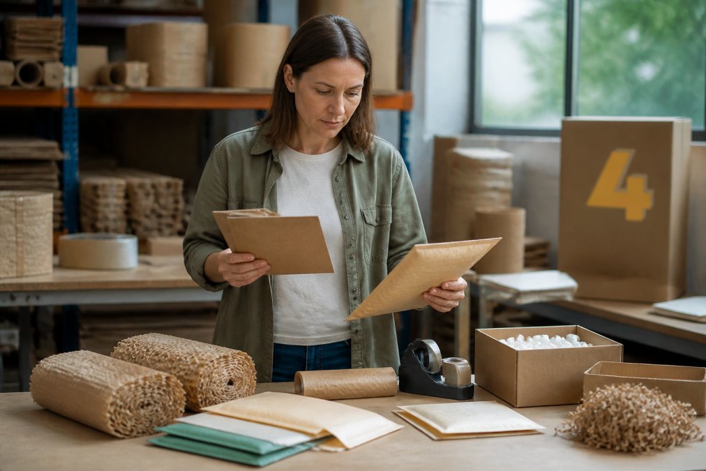 A retail business owner examining different sustainable packaging materials on a warehouse table, holding recyclable cardboard and compostable mailers under natural daylight