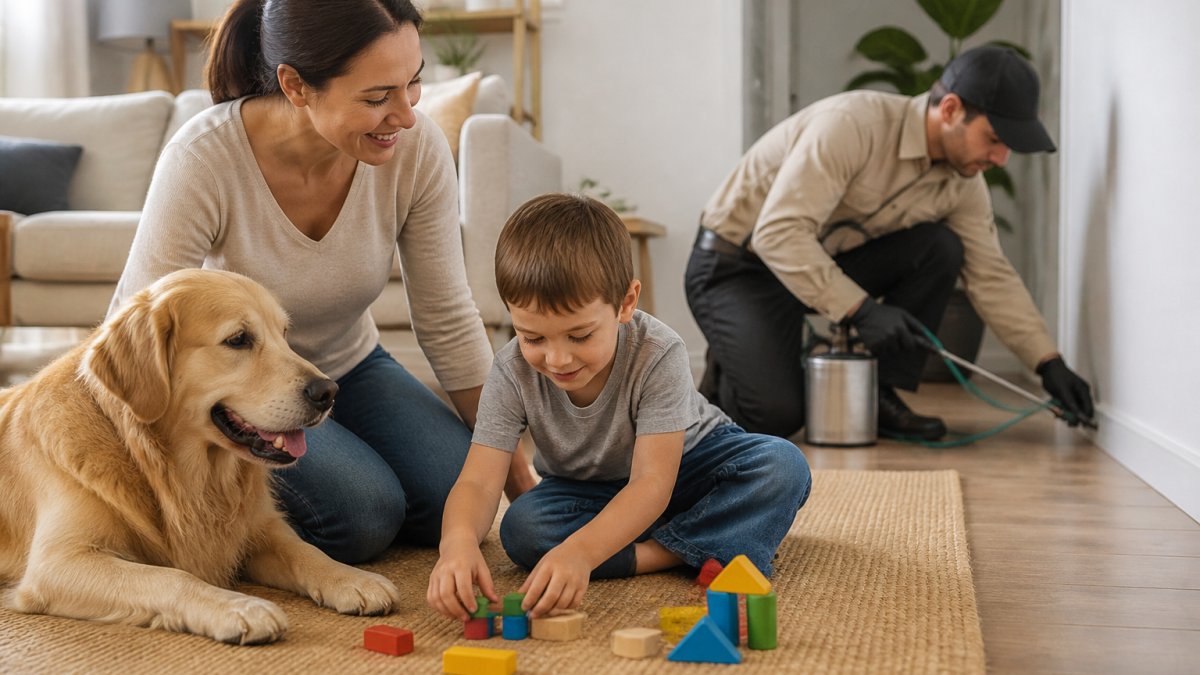 A parent and young child playing on a living room floor with a dog nearby, while a pest control technician in a clean uniform applies a targeted treatment along the baseboard in the background