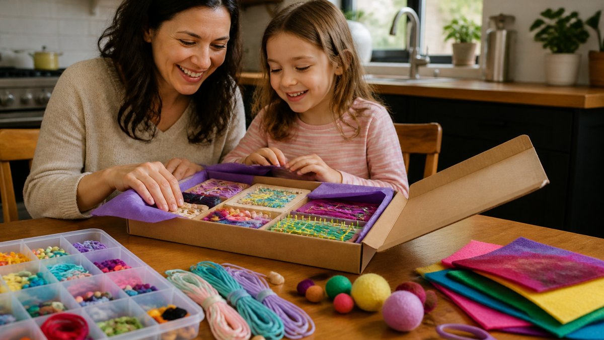 A parent and child sitting at a kitchen table, looking at an open craft kit box with colorful supplies spread out, both smiling and engaged