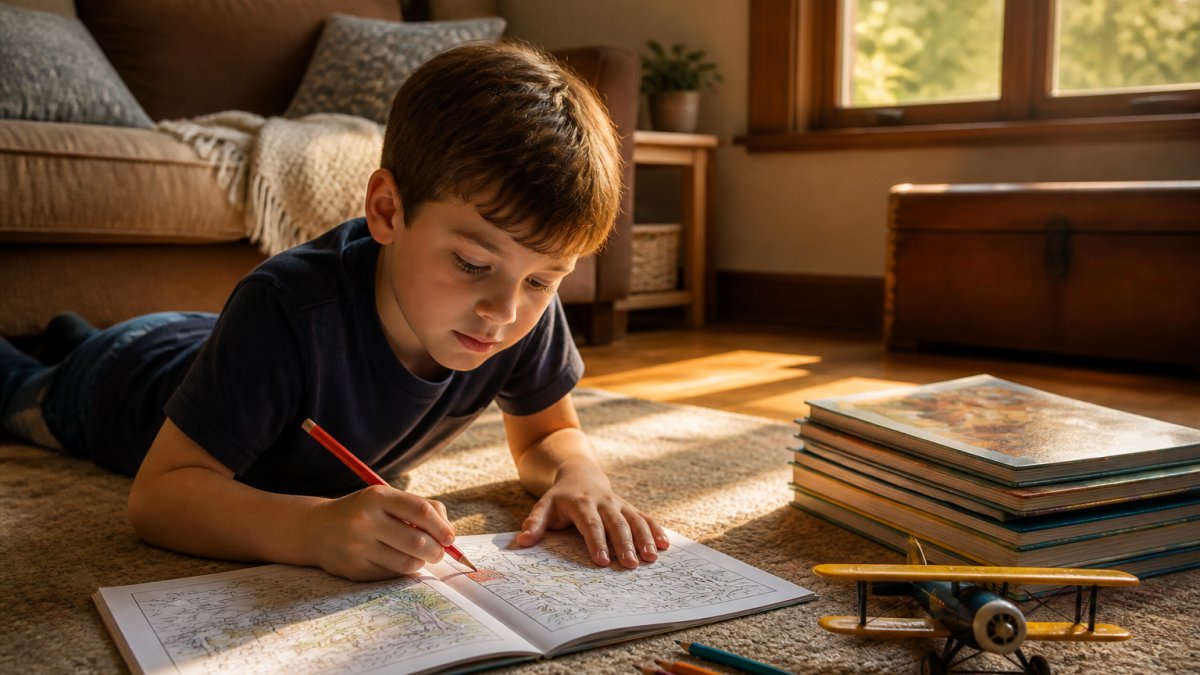 A child around age seven lying on a living room rug coloring an activity book with colored pencils, a stack of adventure storybooks and a toy airplane nearby, warm afternoon light through a window