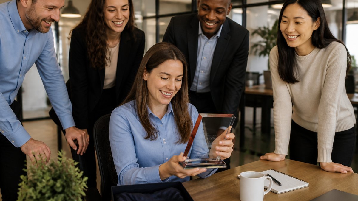 Employee smiling while opening a personalized plaque for employee anniversary gifts at their office desk
