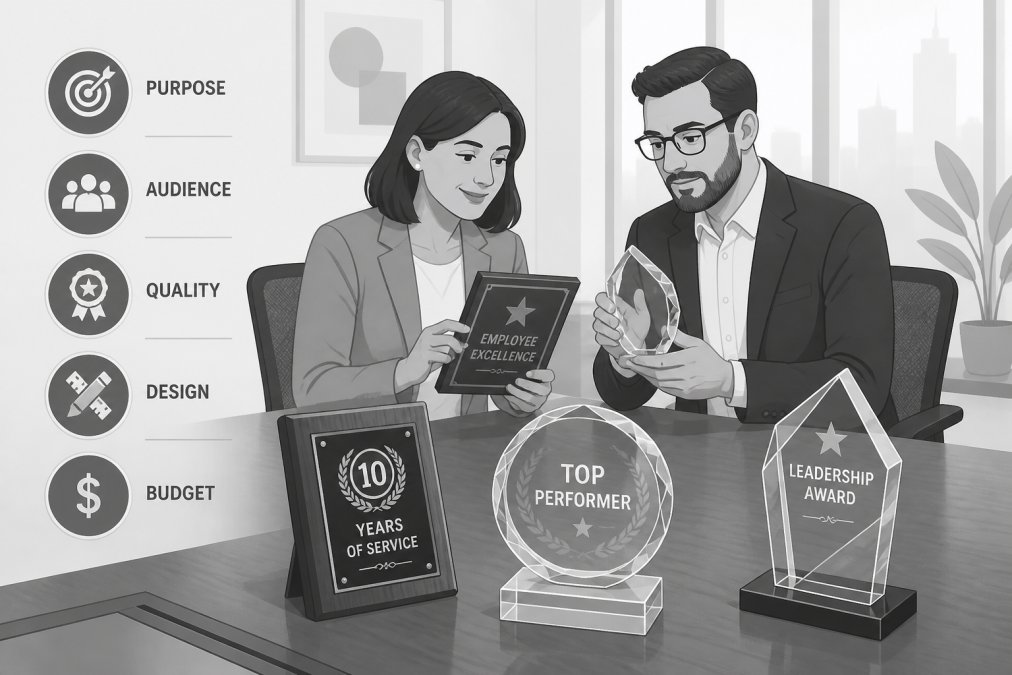 HR manager and employee reviewing custom engraved award plaques and crystal awards on a conference table, examining quality and design details, with natural office lighting