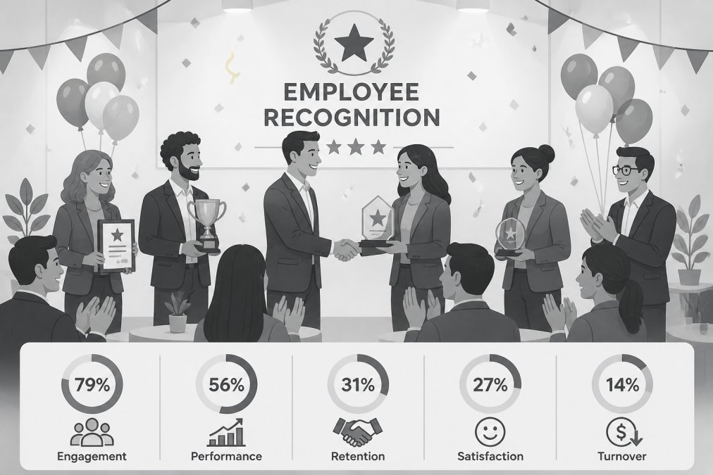 Team celebration at company event with employees receiving recognition awards, showing genuine engagement and positive workplace culture, with professional lighting and festive atmosphere