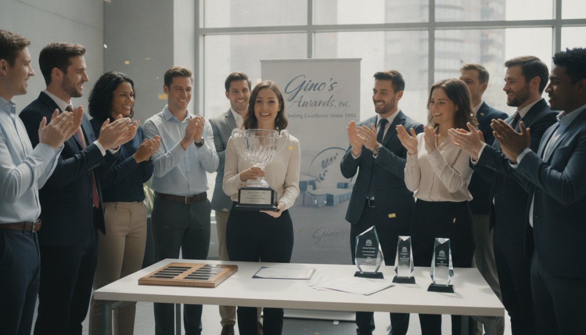 A diverse team in a modern office setting celebrating an employee receiving a recognition award, with colleagues applauding and smiling around a conference table