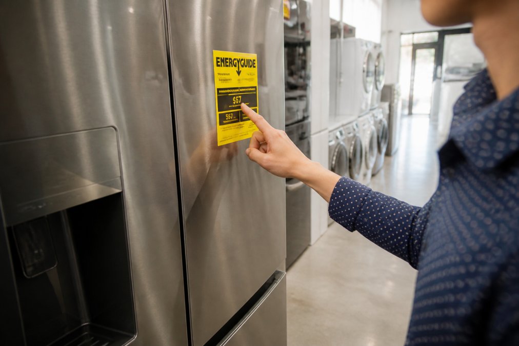 Close-up of a person's hand pointing at a yellow EnergyGuide sticker on a large stainless steel refrigerator in a well-lit home appliance showroom, with other appliances visible in the background