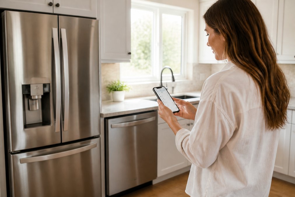 Homeowner standing in a bright contemporary kitchen, holding a smartphone displaying an energy monitoring app, with a modern stainless steel refrigerator and dishwasher visible in the background, warm natural light from a window