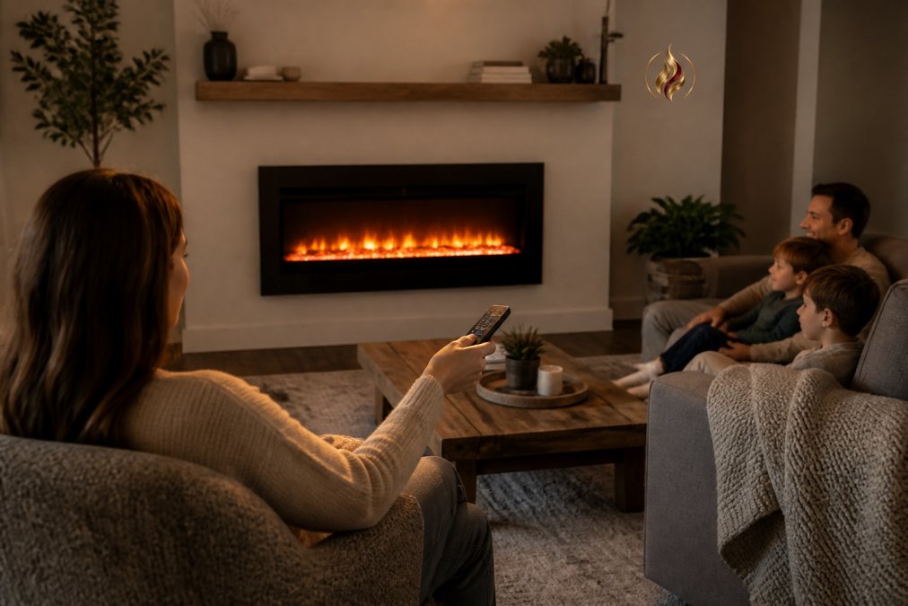 Homeowner using a remote for an energy efficient electric fireplace in a cozy, modern living room with family.