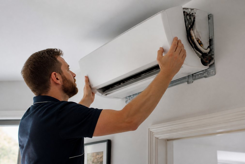 HVAC technician installing a split-system unit to ensure energy efficient heating through proper mounting and wiring.