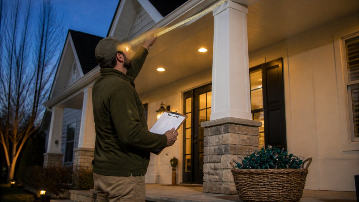 Homeowner on a front porch at dusk measuring a roofline with a tape measure, clipboard in hand, unlit holiday light strings coiled in a basket nearby