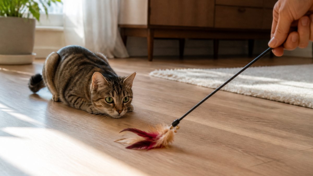 An indoor cat crouched low in a sunny living room, eyes locked on a feather wand toy being dragged across the floor by a person's hand