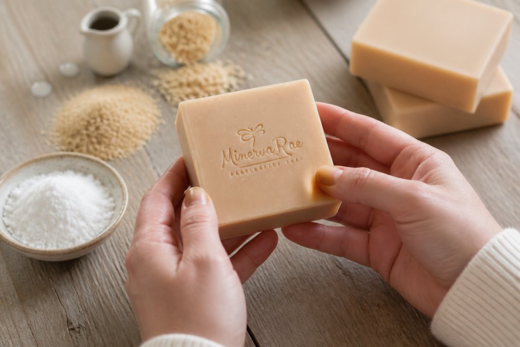 Close-up of hands holding a handcrafted soap bar, carefully examining the detailed ingredient label in natural morning light on a wooden surface