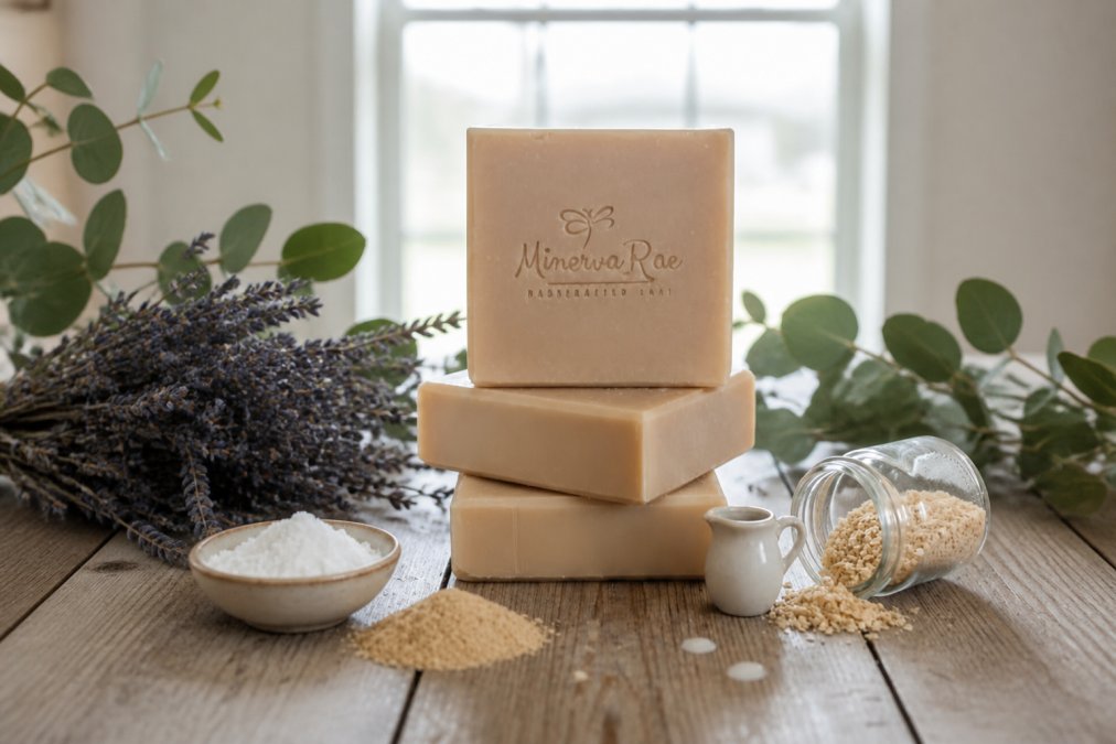 Artisanal handcrafted soap bars in natural earth tones and botanical hues arranged on a rustic wooden surface, surrounded by dried lavender sprigs and eucalyptus leaves, soft natural window lighting creating warm shadows