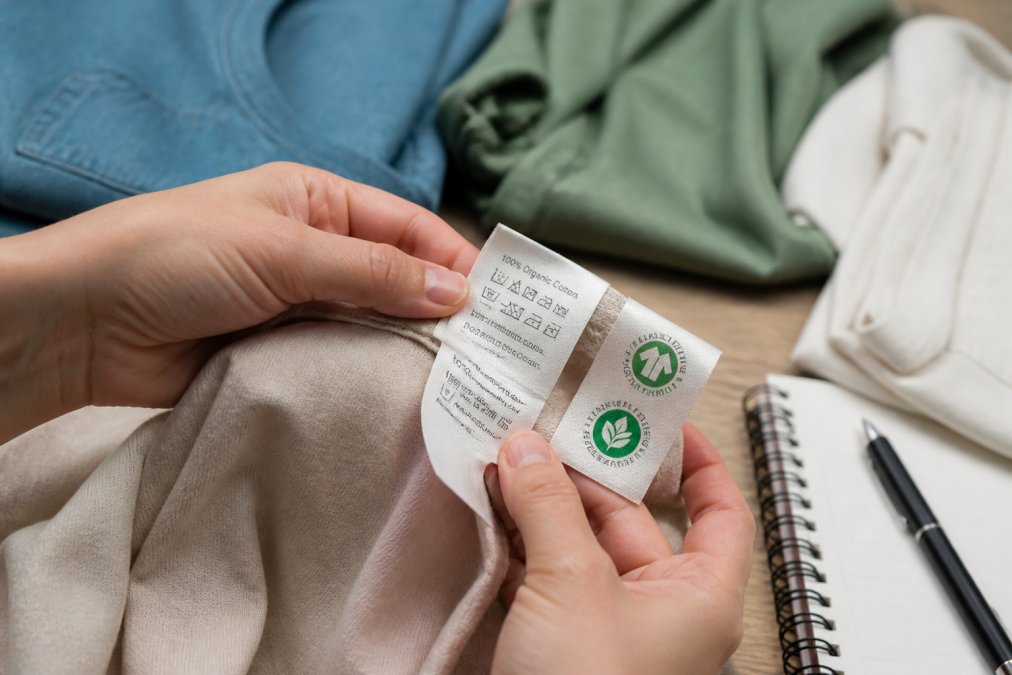 Close-up of hands examining clothing labels and fabric tags showing certifications, with detailed view of care instructions and material composition information in natural daylight