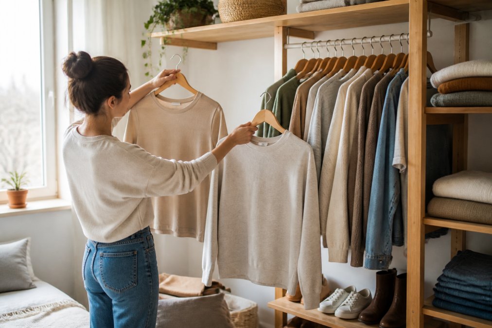 Young adult organizing a capsule wardrobe on a wooden shelf, holding up neutral-colored basics and layering pieces, with natural daylight streaming through a window