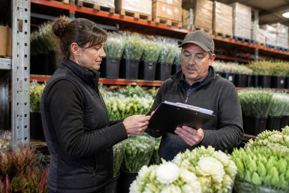 Professional florist or business owner in conversation with wholesaler representative inside a flower warehouse, examining fresh cut flowers and reviewing quality standards with farm documentation visible on clipboard