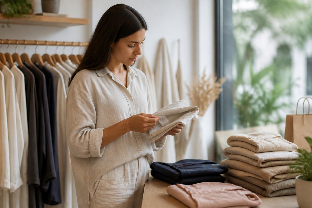 A person in a minimalist neutral-toned linen outfit examining the fabric care label of a folded garment in a bright, calm boutique with soft natural window light